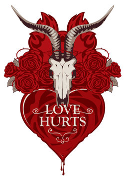 Vector banner with inscription on theme of Love Hurts. Template for clothes, textiles, t-shirt design. Illustration with a skull of goat, red heart, roses and barbed wire