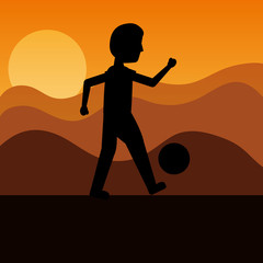 silhouette man playing with football ball with sunset background vector illustration