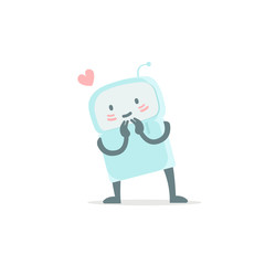 Robot toy love you and shy. Cute small new emoji sticker Icon. Very cute for child kid picture with heart. You are beautiful. Flat color vector illustration