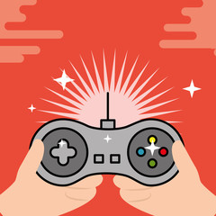 hand holding gamepad control video game vector illustration