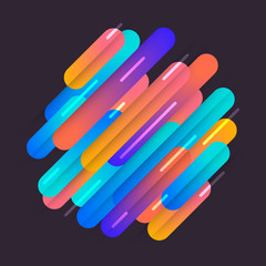 Various colored rounded shapes lines in diagonal rhythm. Vector illustration of dynamic composition. Motion graphic geometric element.