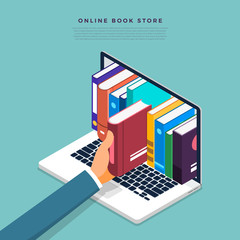 Flat design concept online books store. Hand pick book from internet device. Vector illustrate.