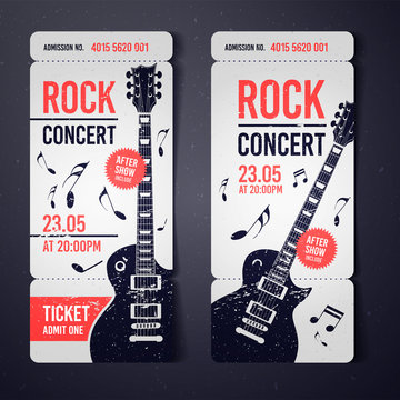 vector illustration black rock concert ticket design template with black guitar and cool grunge effects in the background