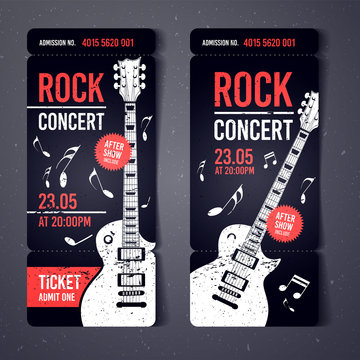 vector illustration black rock concert ticket design template with black guitar and cool grunge effects in the background