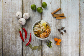 malaysian prawn noodle flat lay with spices