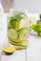 Detox water with vegetables and fruits. Diet healthy eating and weight loss.