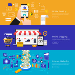 Flat design concept mobile banking, online shopping and internet marketing. Vector Illustrate.