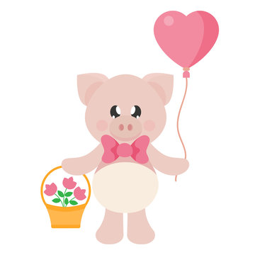 cartoon cute pig with tie and flowers and basket and lovely balloons