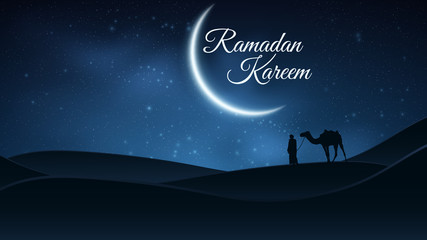 Background for Ramadan Kareem. Night landscape. Muslim Religion Holy Month. Arab stands with a camel in the desert. The starry sky. Bright moon. Vector illustration