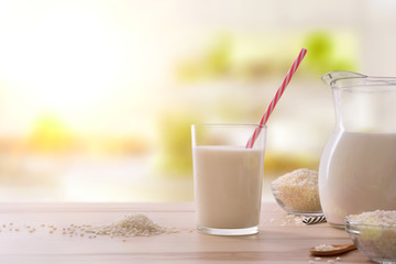 Drink of rice in a glass with straw