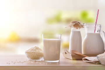Rice drink in containers on a table in kitchen horizontal