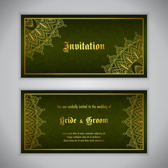 Luxury wedding invitation with golden ornament. Vector illustration