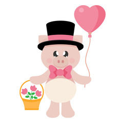 cartoon cute pig in hat with tie and flowers and basket and lovely balloons
