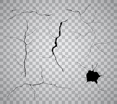 Vector set of black cracks and holes isolated on transparent background