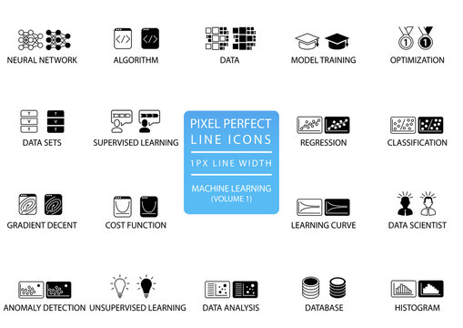Pixel perfect thin line icons and symbols for machine learning / deep learning / artificial intelligence.