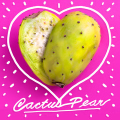Prickly Pear cut in half and arranged into a heart shape. Also known as a Cactus pear..Handmade heart shape and words "cactus Pear' around the pear.