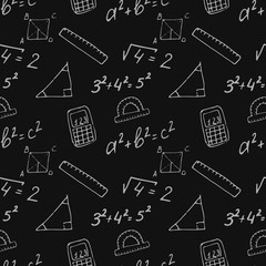 Funny seamless pattern in hand drawn style with cartoon school supplies and creative elements. Back to school vector black background with formulas, rulers, calculators, geometric figures.
