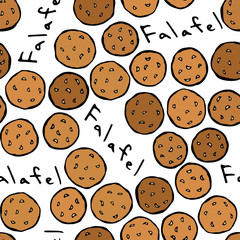 Obraz premium Falafel and Lettering Seamless Endless Background. Middle Eastern Cuisine. Arabic Israel Vegetarian Healthy Fast Food. Jewish Street Food. Realistic Hand Drawn Illustration. Savoyar Doodle Style.