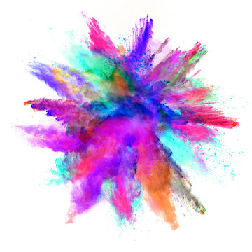 Abstract colored powder explosion isolated on white background.