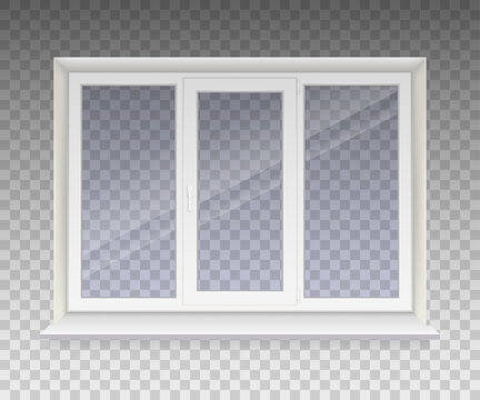 Closed window with transparent glass in a white frame. Isolated on a transparent background. Vector