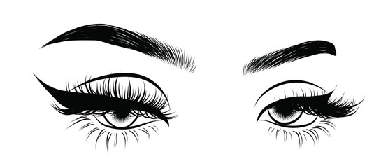 Illustration of woman's sexy luxurious eye with perfectly shaped eyebrows and full lashes. Hand-drawn Idea for business visit card, typography vector. Perfect salon look.