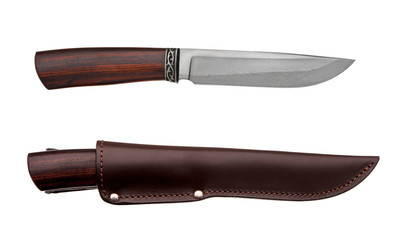 Hunting knife with wooden handle and leather case isolated on white