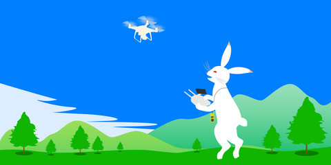 Naklejka na ściany i meble 鳥獣戯画っぽいウサギがドローンを操作する青空の風景