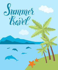 Fototapeta na wymiar Summer travel vector card with palms, clouds, sea, dolphins, starfish