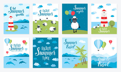 Summer vector cards with hot air balloon in the sky with clouds, lighthouse, sheeps