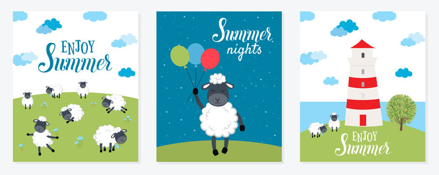 Summer vector cards with hot air balloon in the sky with clouds, lighthouse, sheeps