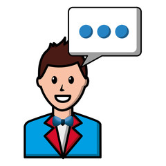 happy man elegant with suit and bowtie and speech bubble vector illustration