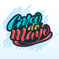 Handwritten text on a textured background for the holiday cinco de mayo on May 5 for a banner, logo, postcard, menu. Mexico, musical instruments, maracas, hats, sombrero, guitar, colorful. vector