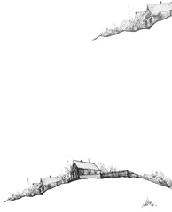 Fototapeta premium Country landscape. Graphic work with ink. Black and white drawing of houses, a fence, bushes. On white isolated background. Winter, autumn landscape. Vintage postcard, card, logo.