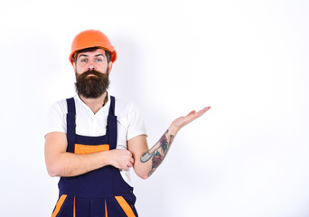 Bearded man in orange helmet and overall on white background. Painter pointing at finished wall. Home renovation concept