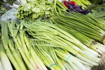 Green salad and onion, garlic, herbs on the market for sale.