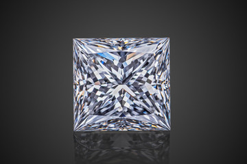 Luxury colorless transparent sparkling gemstone square shape princess cut diamond  isolated on black background