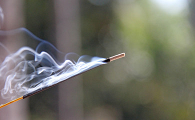 Incense stick and smoke from incense burning. Beautiful smoke. Blurred background and design with...