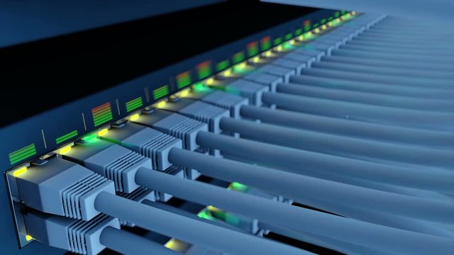 Network switch with 48 ports in a server rack. UTP patch cords plug in the ports of a network equipment. Through a switch is transferred of a large amount of data, seamless loop close-up