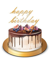 Happy Birthday modern cake with fig fruits Vector. Delicious dessert sweet designs