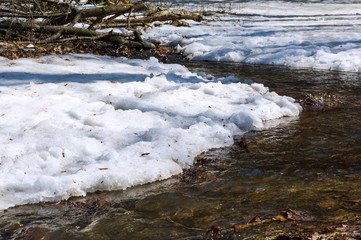 Early spring landscape of the snow in the forest. Melt water in a spring stream on a sunny day in the forest.