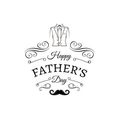 Father day greeting card. Classic man suit, Necktie. Swirls, ornate frame, filigree elements. Dad greeting card. Vector.