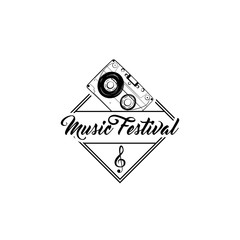 Audiocassette icon, Treble clef badge. Music Festival logo embelm label. Music badge. Vector.