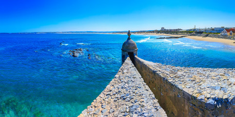 Wonderful romantic afternoon panoramic seascape. Coastline cliffs of the Atlantic ocean in Peniche. Gamboa Beach from medieval fortress. West coast of Portugal at sunny weather. © Sodel Vladyslav