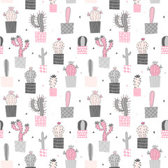 Vector seamless pattern with succulents in pots in gray and pink colors on white background. Elegant cactus design for clothing, fabric and paper.