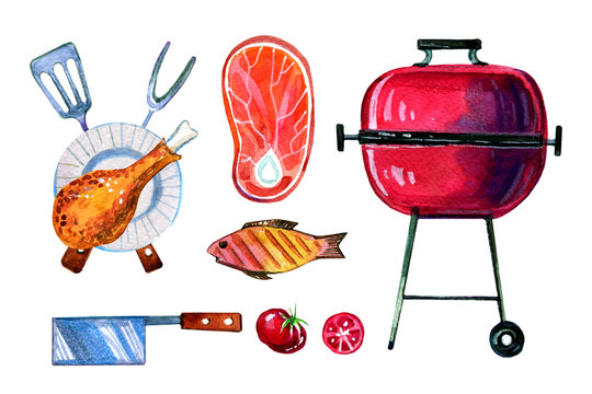 Hand drawn watercolor set of various  objects for picnic, summer eating out, grill and barbecue