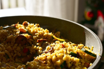 Vegetarian dish of wheat with vegetables in pot