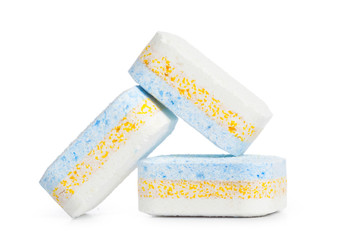 Dishwasher tablets on a white background