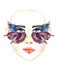 Face with blue fairy eyes with makeup, blue and dark purple wings of butterfly shape eyeshadows look like mask, small chubby lips, hand painted watercolor fashion illustration isolated on white