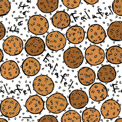 Obraz premium Falafel and Sesame Seeds Seamless Endless Background. Middle Eastern Cuisine. Arabic Israel Vegetarian Healthy Fast Food. Jewish Street Food. Realistic Hand Drawn Illustration. Savoyar Doodle Style.