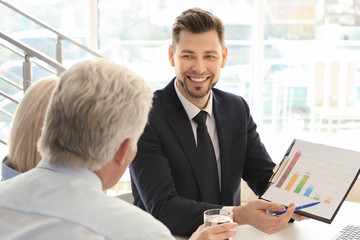 Male manager consulting mature couple in office